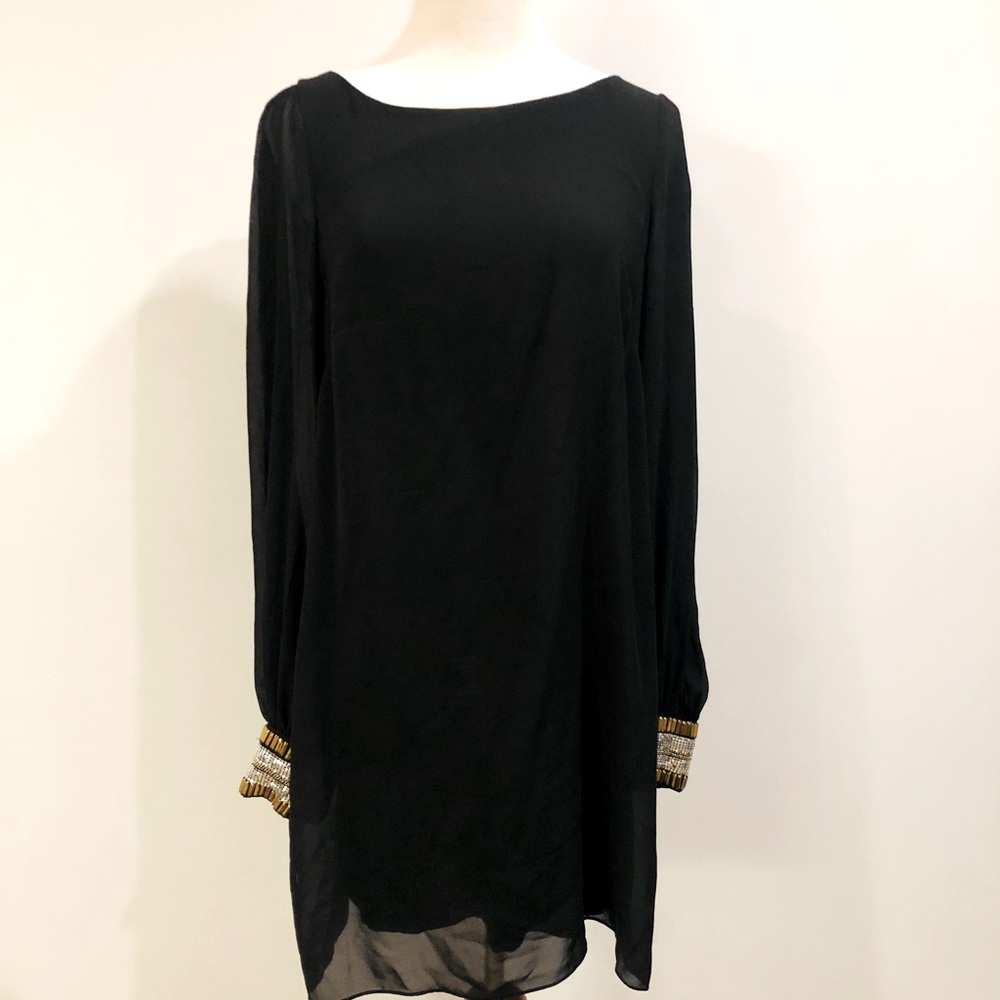 Bebe, black, large, slit long sleeves with beaded cuffs, deep V back